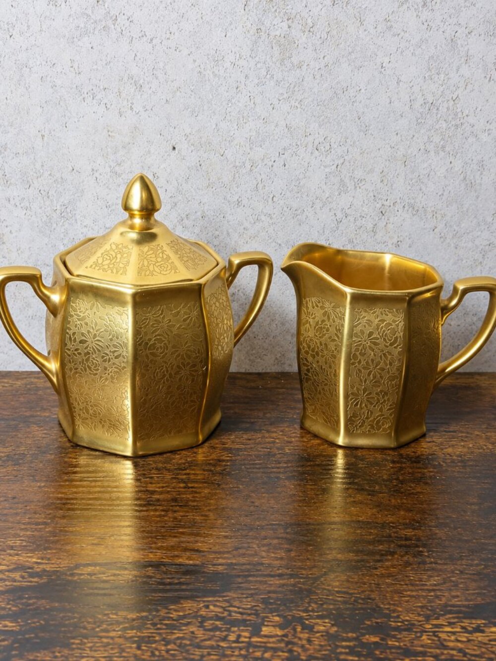 Vintage Pickard D494 Gold Floral Sugar Bowl & Creamer Set Japan Porcelain